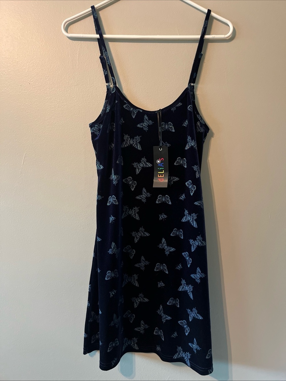 New! Delia’s Blue Velvet Sparkle Butterfly Mini Dress Large Y2K Fairy Grunge 90s